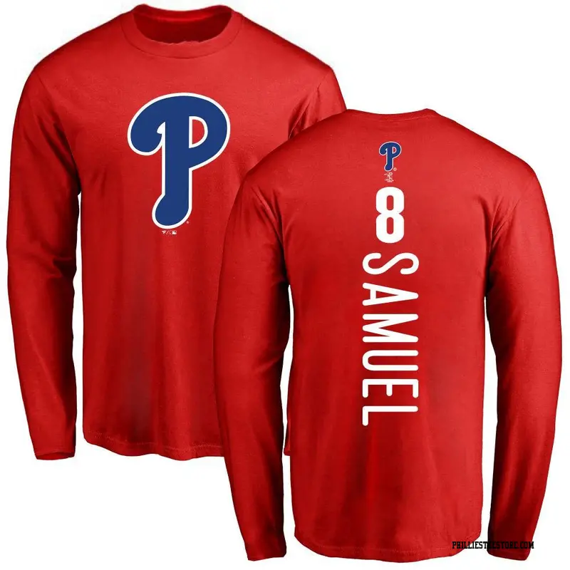 Men's Philadelphia Phillies ＃8 Juan Samuel Red Backer Long Sleeve T-Shirt