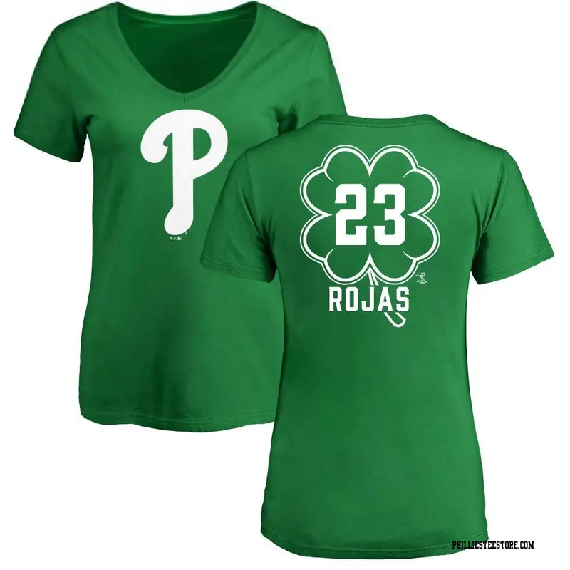 Women's Philadelphia Phillies ＃23 Johan Rojas Green Dubliner Name & Number V-Neck T-Shirt Kelly