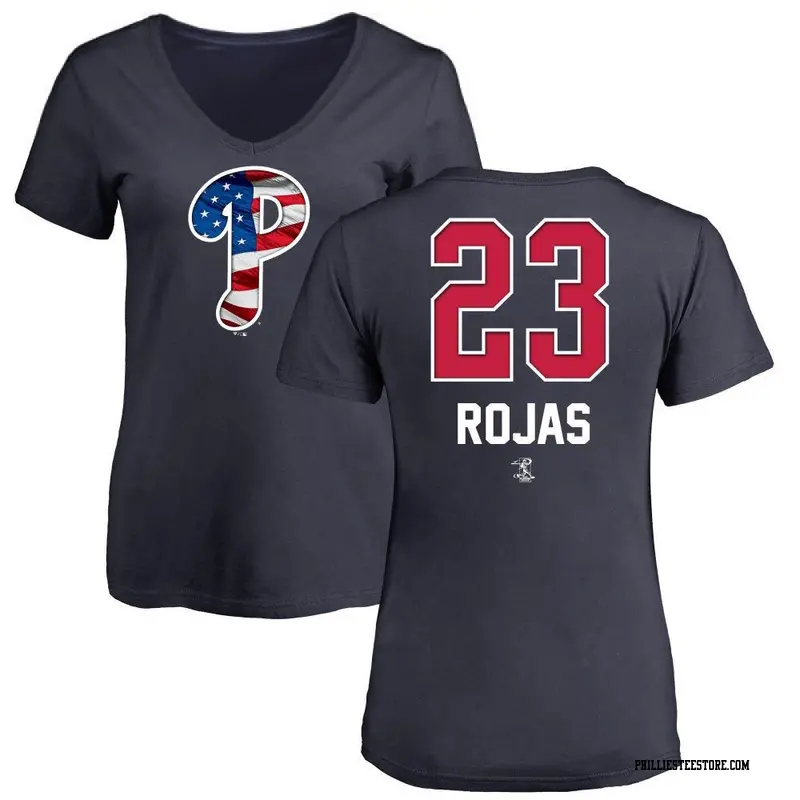 Women's Philadelphia Phillies ＃23 Johan Rojas Navy Name and Number Banner Wave V-Neck T-Shirt