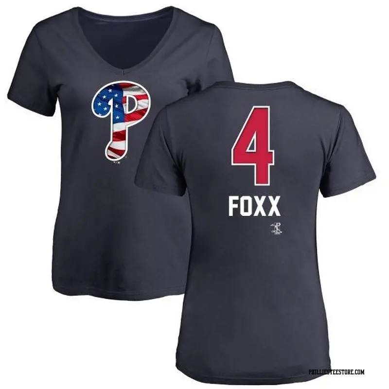 Women's Philadelphia Phillies ＃4 Jimmy Foxx Navy Branded Name and Number Banner Wave V-Neck T-Shirt