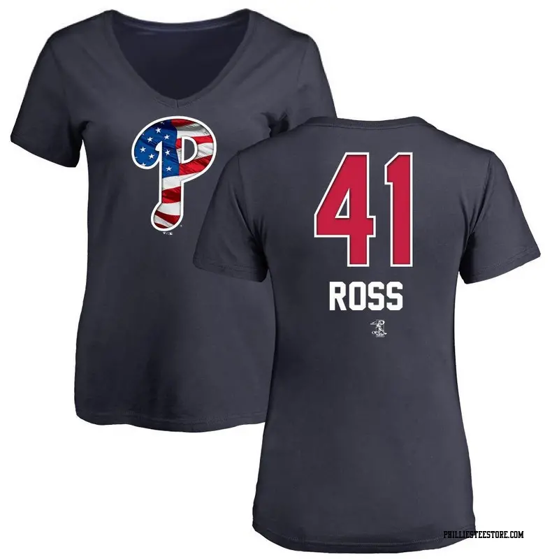 Women's Philadelphia Phillies ＃41 Joe Ross Navy Name and Number Banner Wave V-Neck T-Shirt