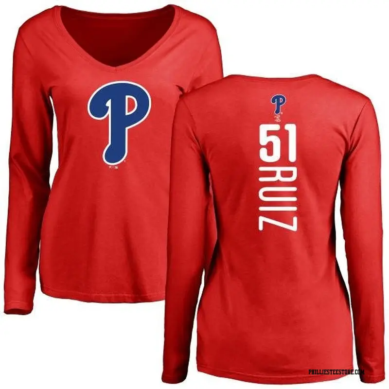 Women's Philadelphia Phillies ＃51 Carlos Ruiz Red Backer Slim Fit Long Sleeve T-Shirt