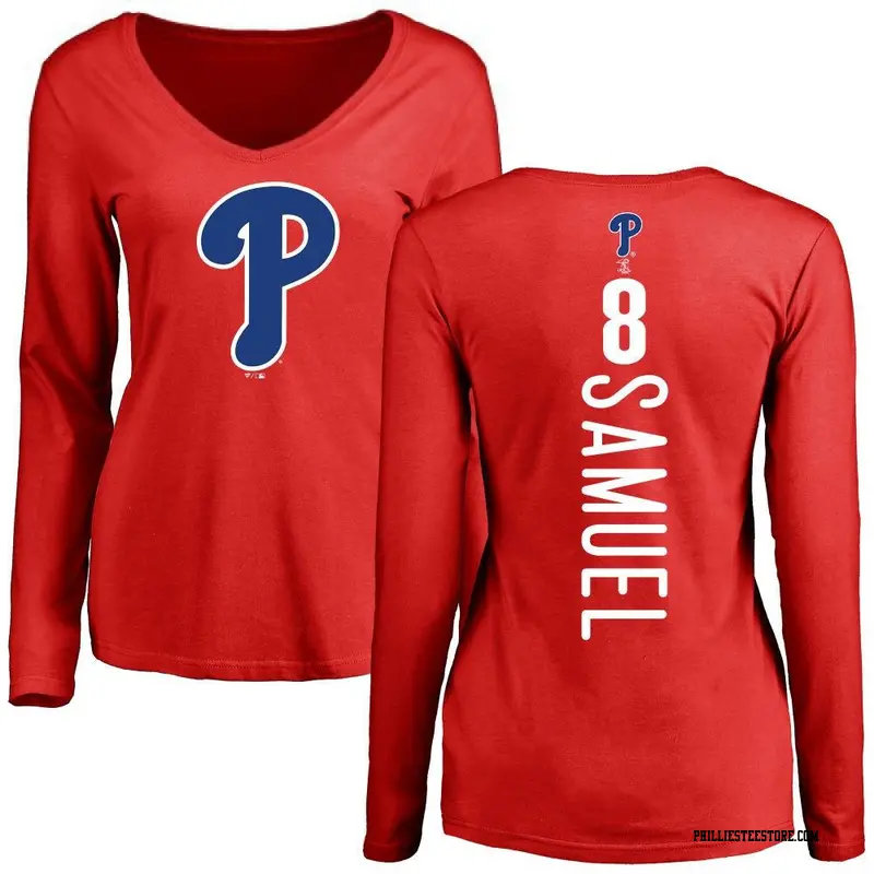 Women's Philadelphia Phillies ＃8 Juan Samuel Red Backer Slim Fit Long Sleeve T-Shirt